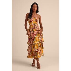 Lulus Nahya Yellow Multi Floral Strapless Tiered Midi Dress - Size XL